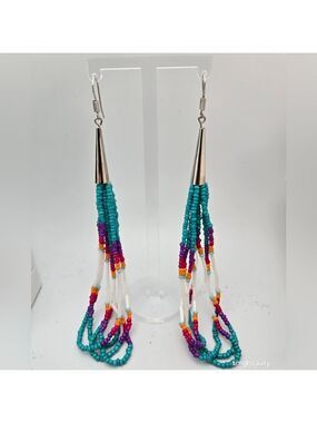 Handmade Beaded Turquoise Purple White Earrings Native Inspired Boho 5.5” New